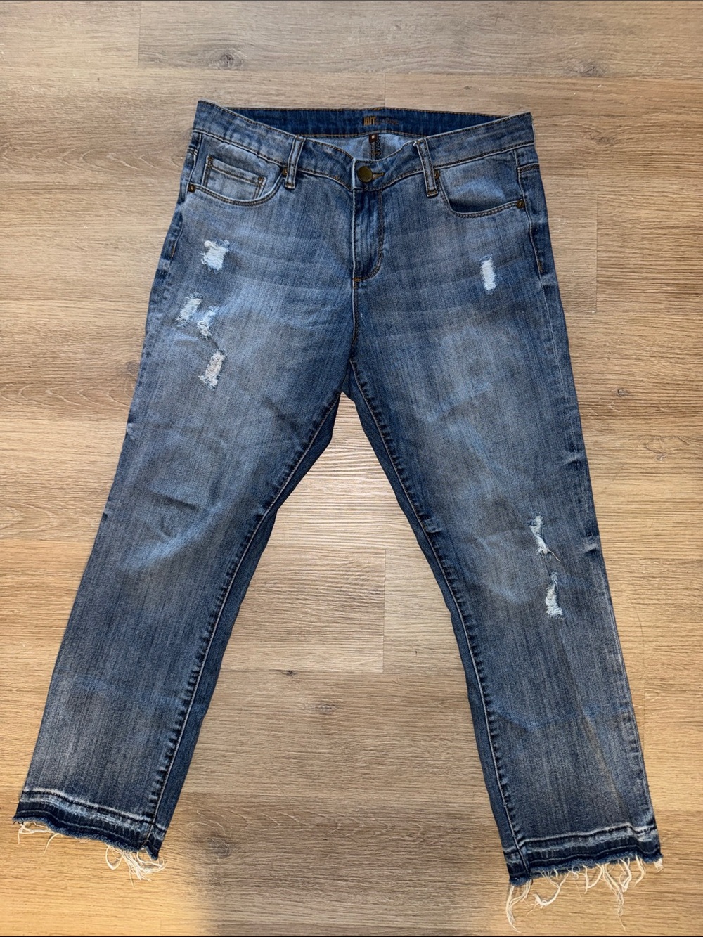 KUT FROM THE KLOTH Distressed Mid Wash Blue Denim Raw Hem Jeans